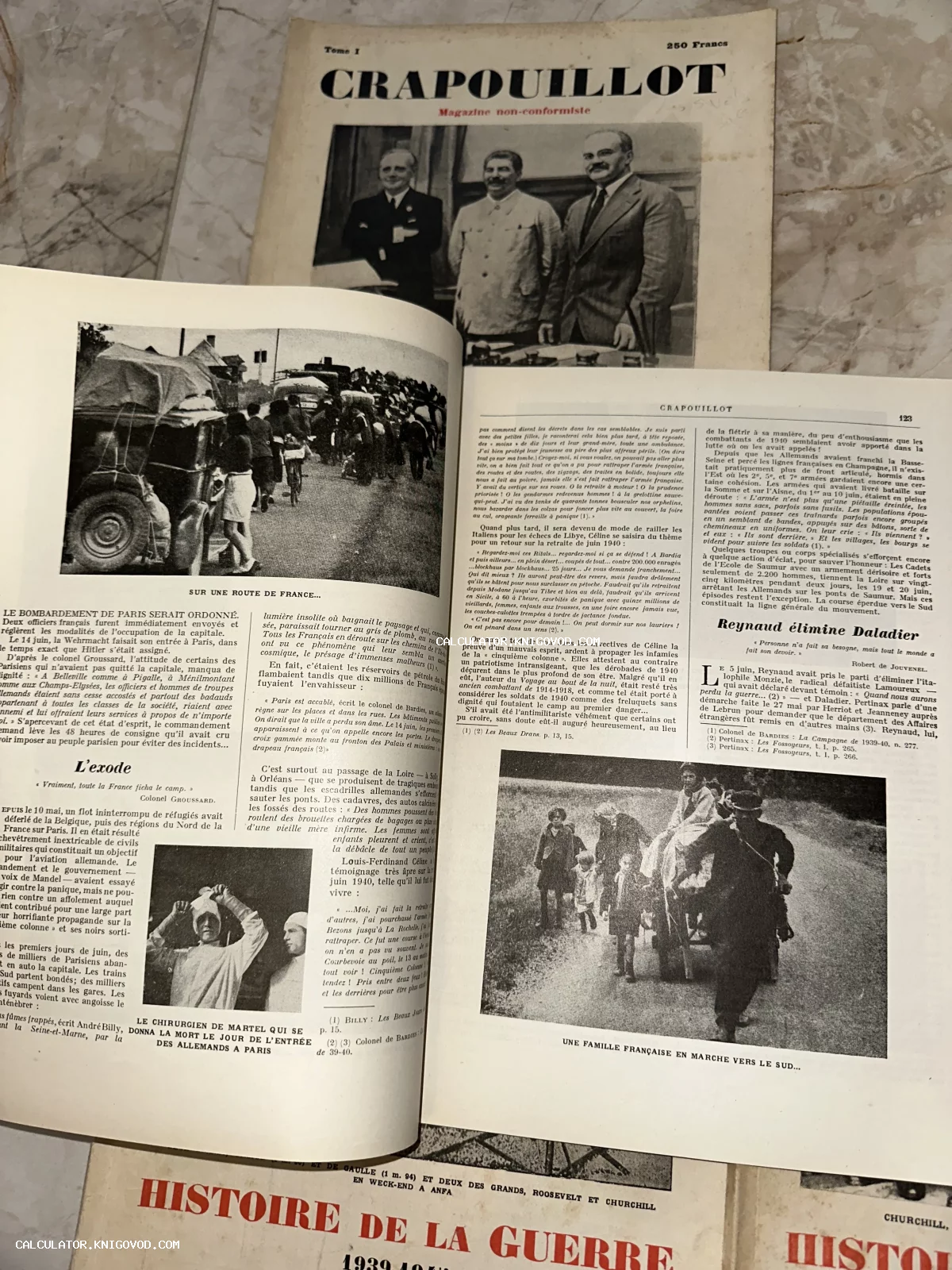 Разворот старинного французского журнала Le Crapouillot с черно-белыми фотографиями и статьями о Второй мировой войне.