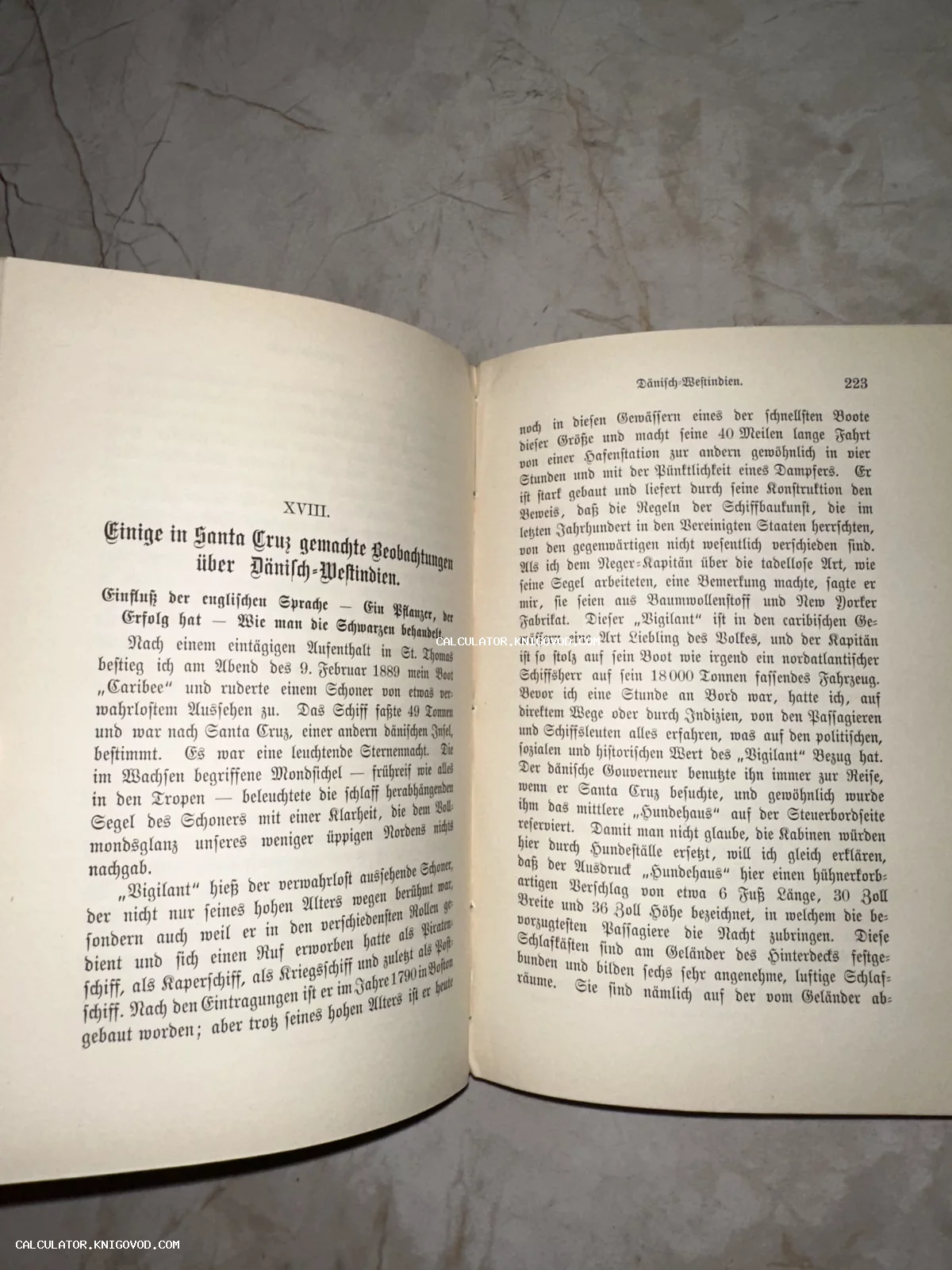 Разворот антикварной книги на немецком языке с готическим шрифтом о Датской Вест-Индии.