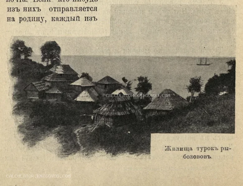 Старинная книжная иллюстрация с видом на поселение турецких рыбаков на берегу моря