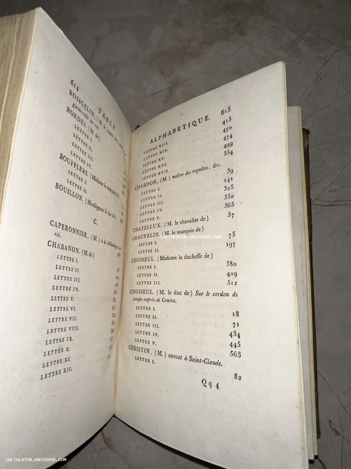 Разворот открытой старинной книги на французском языке с алфавитным указателем имен и номеров страниц.