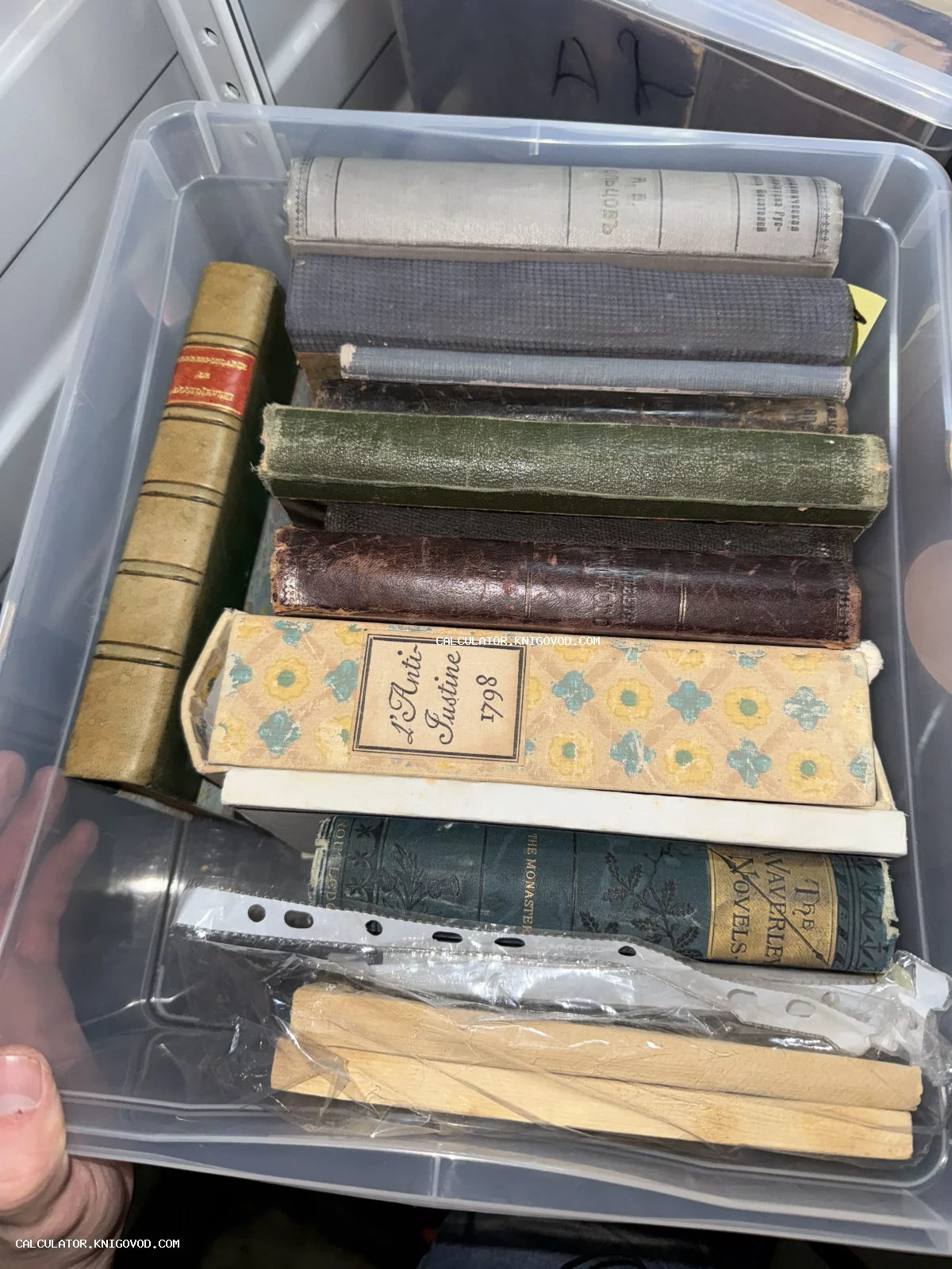 Коллекция старинных книг в кожаных и тканевых переплетах, сложенных в контейнер, видна книга L'Anti-Justine 1798 года.