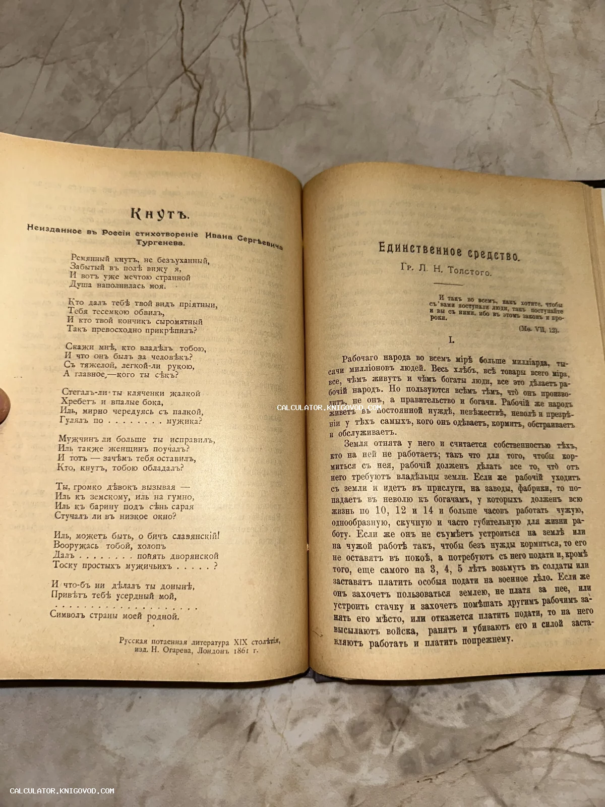 Разворот антикварной книги со стихотворением Тургенева «Кнут» и текстом Толстого «Единственное средство».