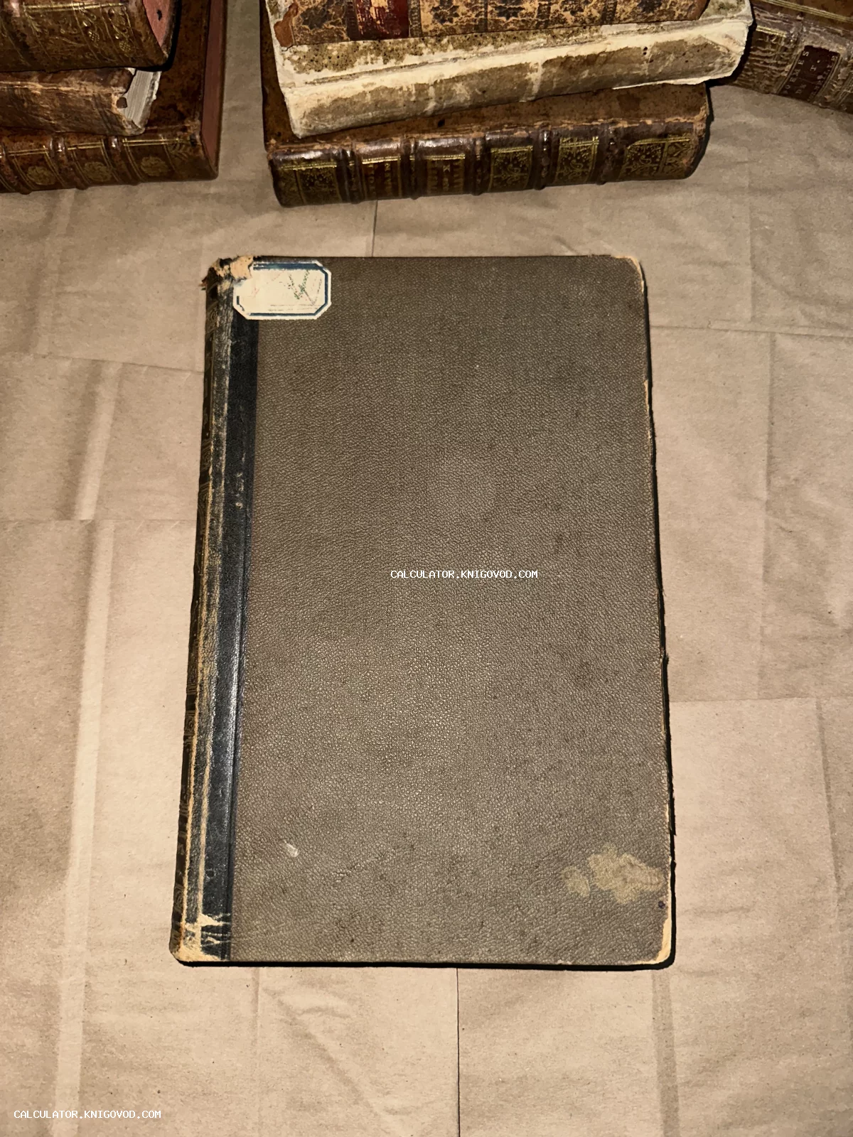 Старая книга с фактурной серой обложкой, черным корешком и бумажной наклейкой на фоне других антикварных томов.