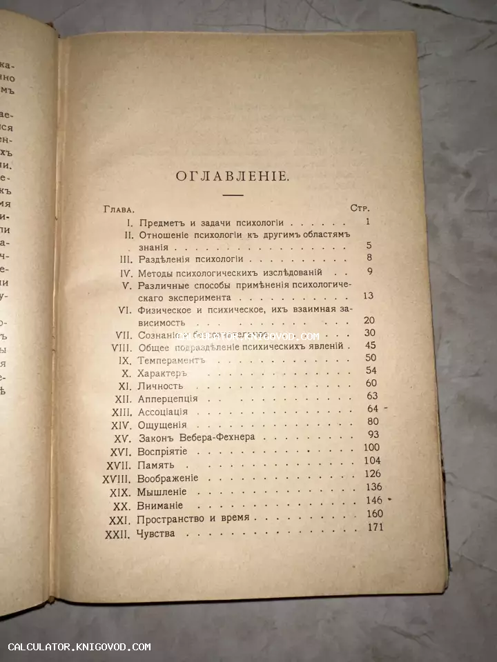 Страница оглавления антикварной книги по психологии на дореволюционном русском языке с перечнем глав.