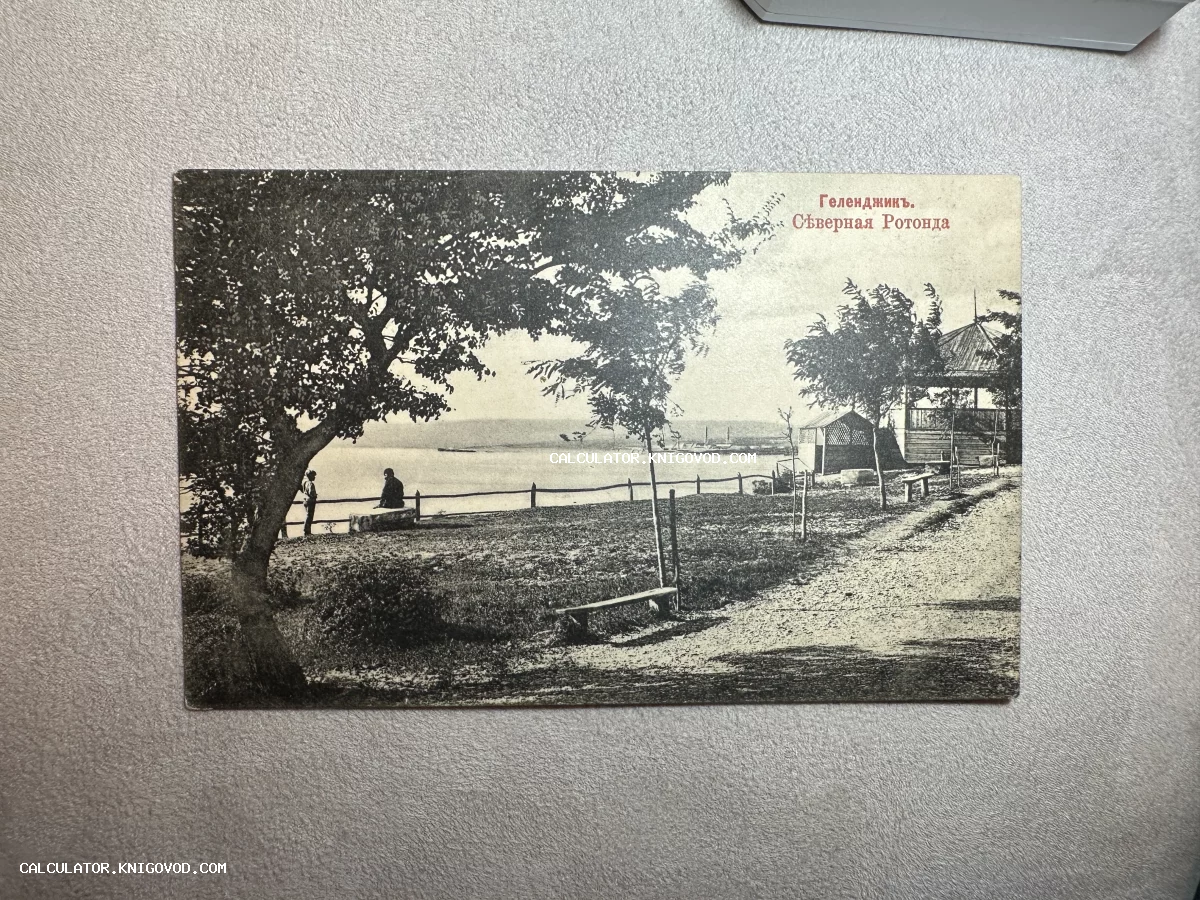 Черно-белая почтовая открытка начала XX века с видом на Северную ротонду в Геленджике, берег моря, тенистые деревья и отдыхающие.