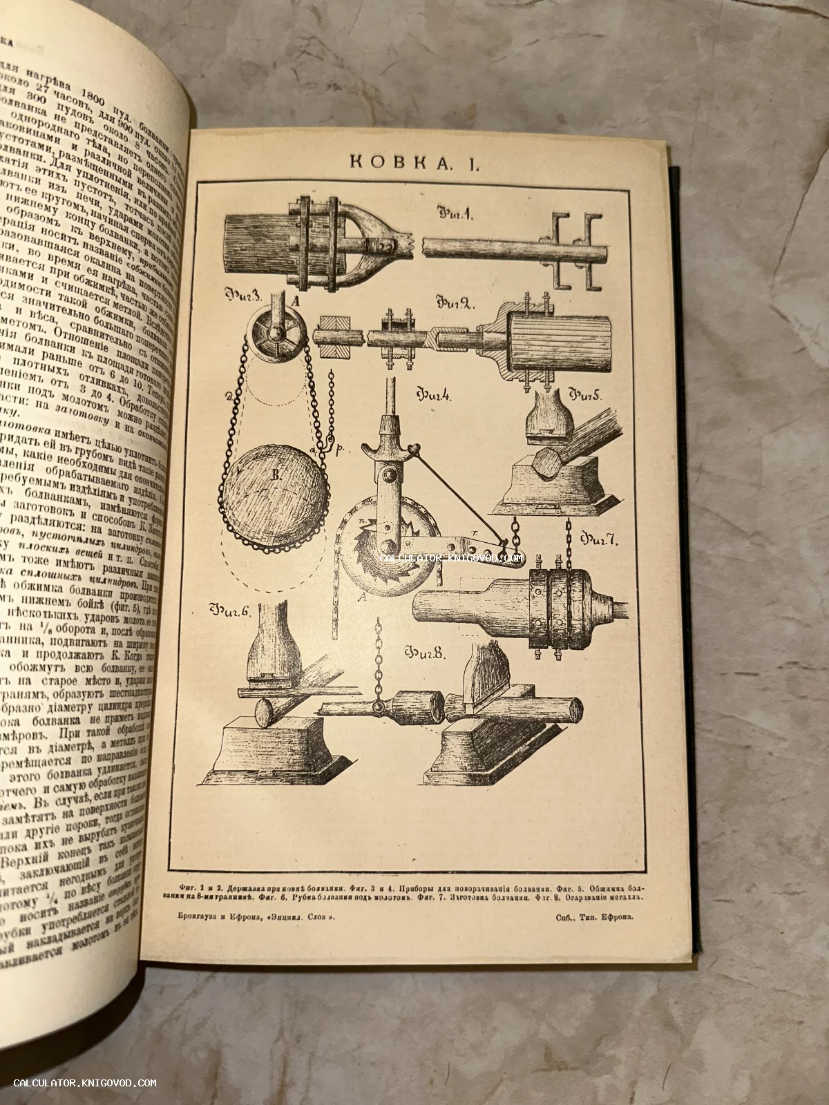 Разворот антикварной книги с технической иллюстрацией инструментов для ковки и текстом на дореволюционном русском языке.