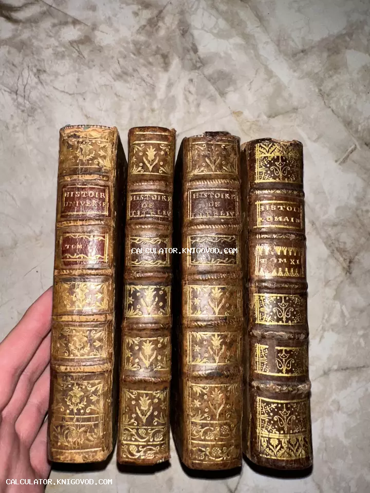 Четыре старинные книги с золотым тиснением на кожаных корешках, включая труды по истории Рима и всемирной истории.