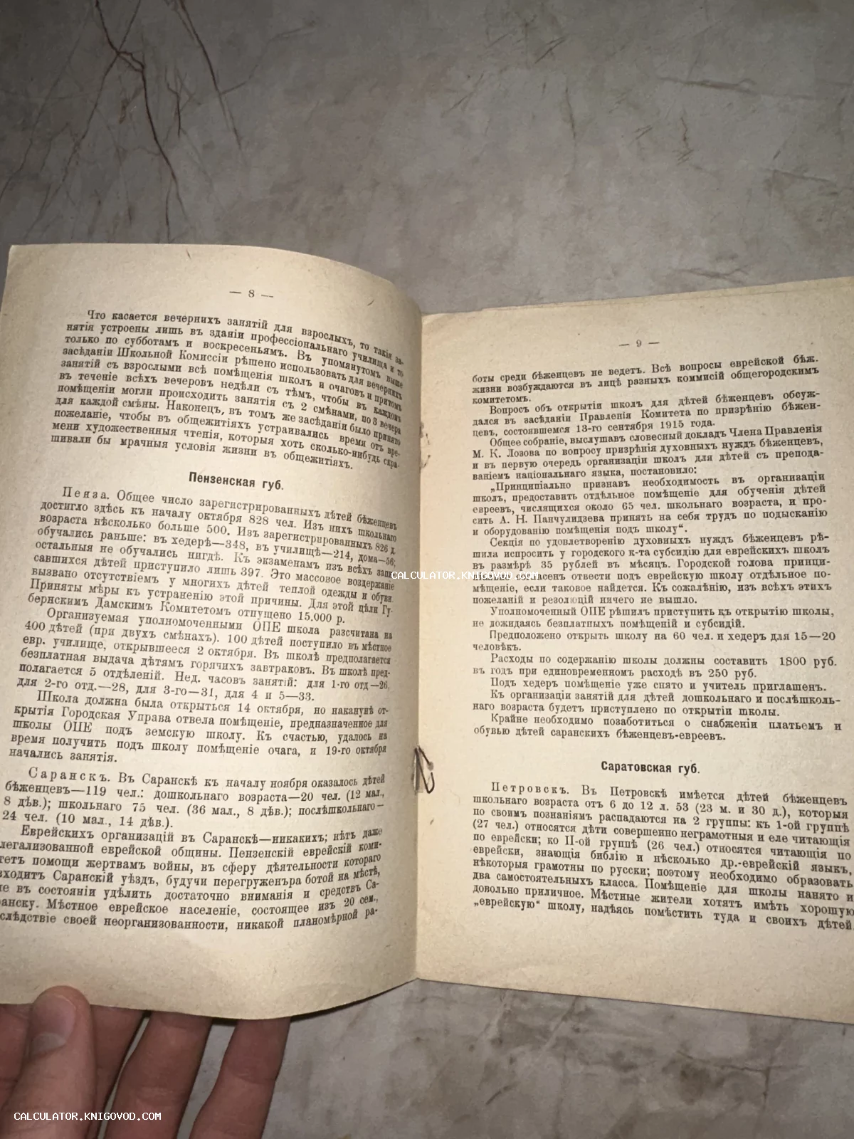 Разворот старинной книги с дореволюционным шрифтом, страницы 8 и 9, текст о Пензенской и Саратовской губерниях.