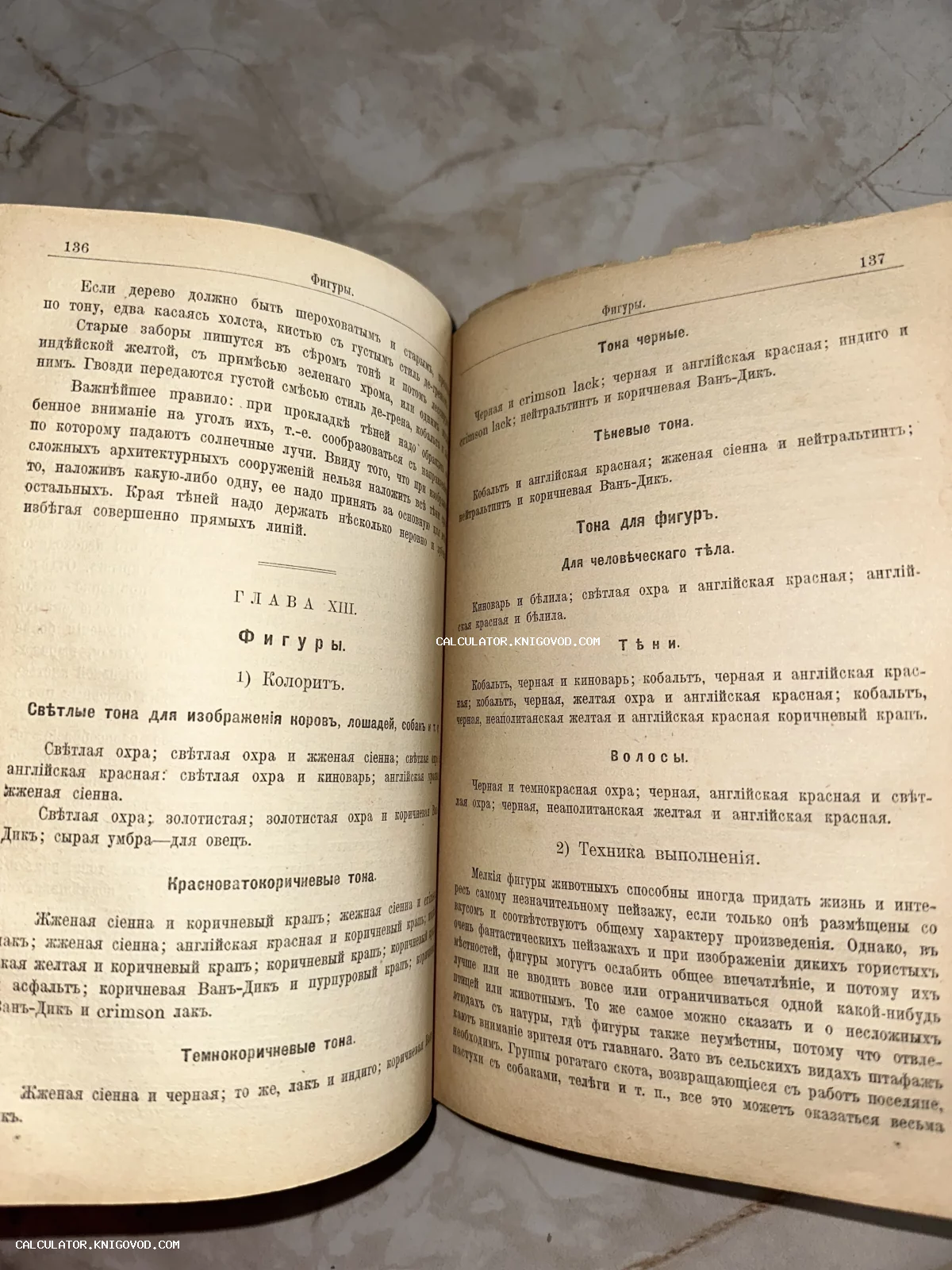 Разворот антикварной книги с текстом на дореволюционном русском языке, описывающим подбор красок для рисования фигур и животных.