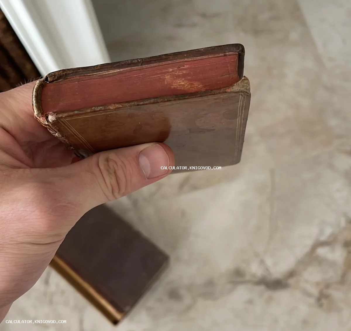 Старинная книга с красным обрезом и золотым тиснением в руках коллекционера.