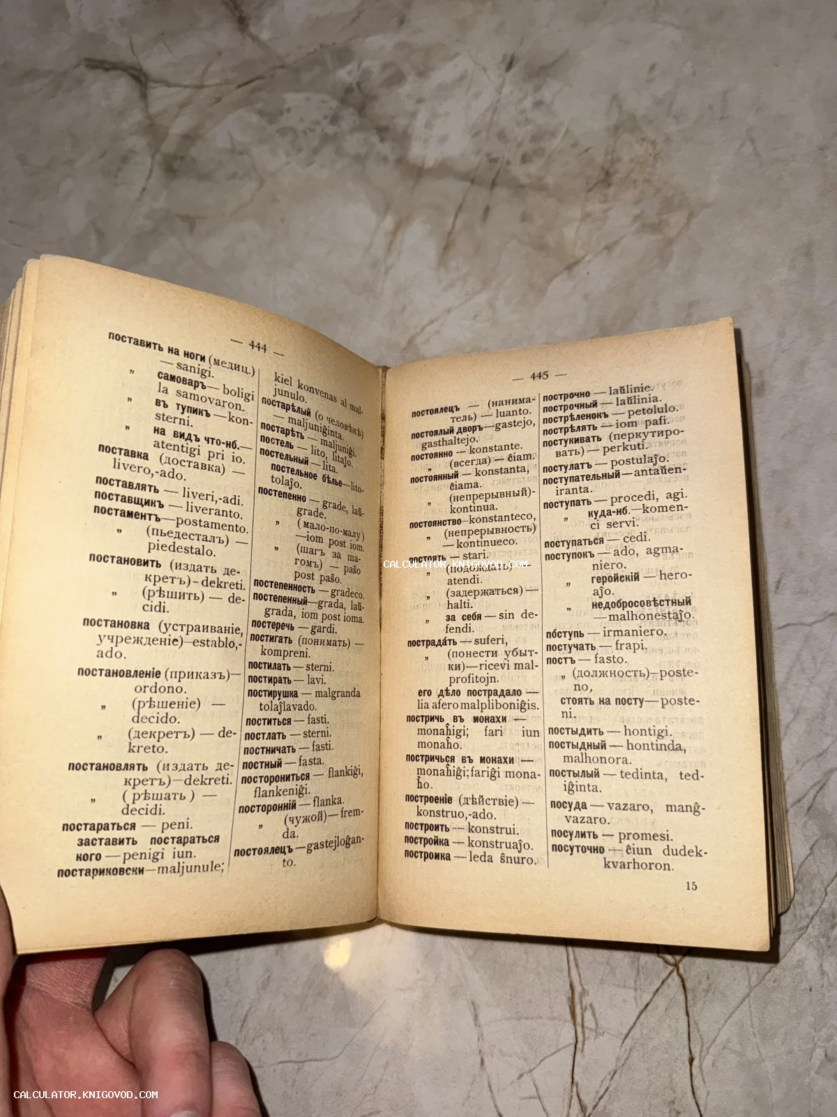 Разворот старинной книги со словарем, перевод с русского языка на эсперанто, страницы номер 444 и 445.