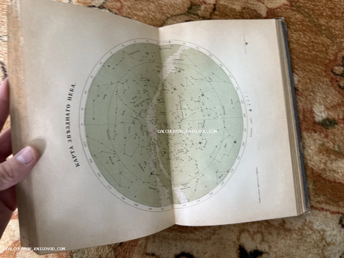 Разворот антикварной книги с круглой картой созвездий и надписью «Карта звездного неба» на дореволюционном русском языке.