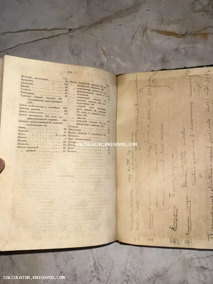 Разворот старинной книги с печатным указателем минералов и обширными рукописными заметками чернилами на форзаце.
