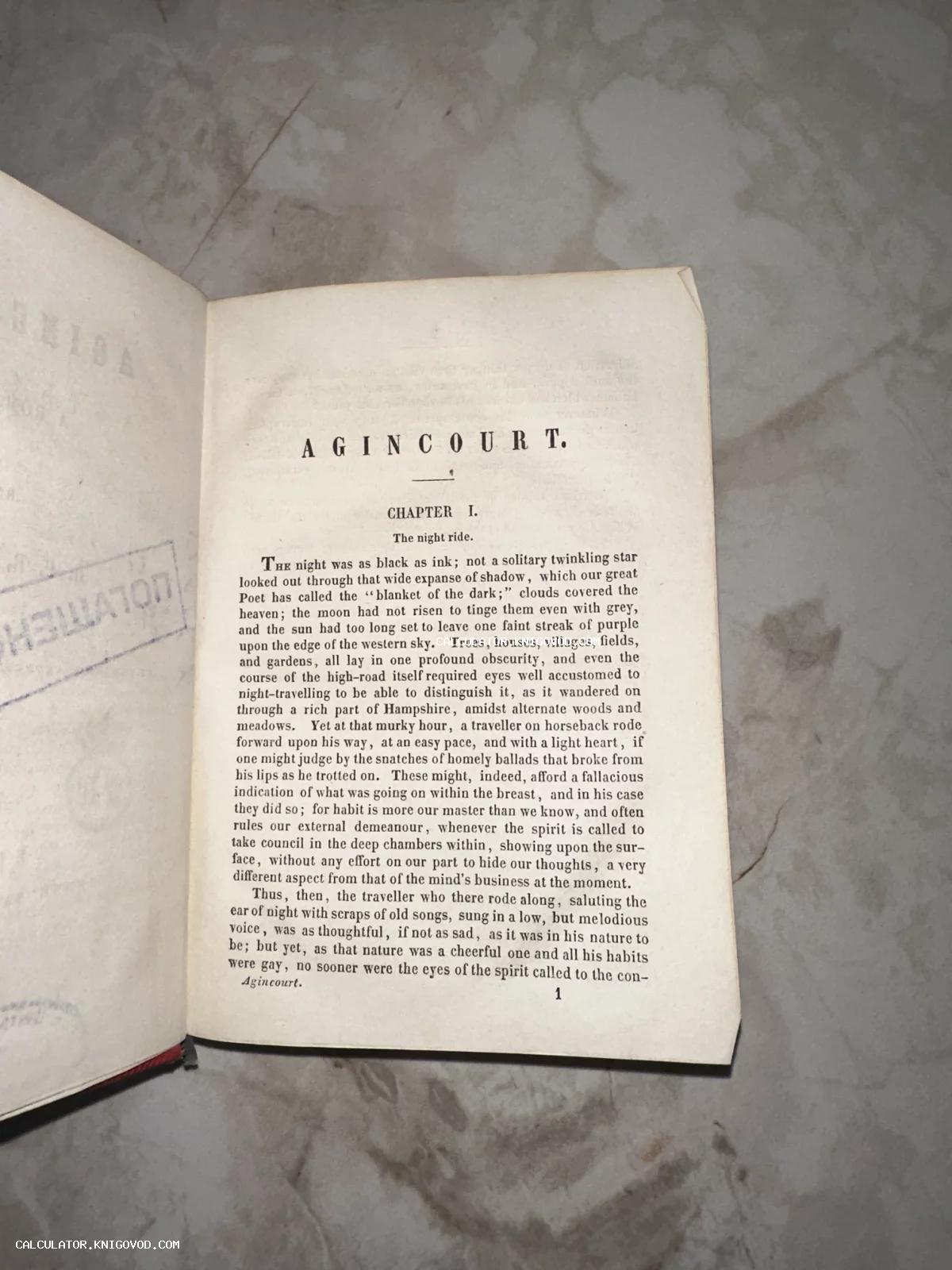 Разворот старинной книги на английском языке с заголовком Agincourt и текстом первой главы The night ride.