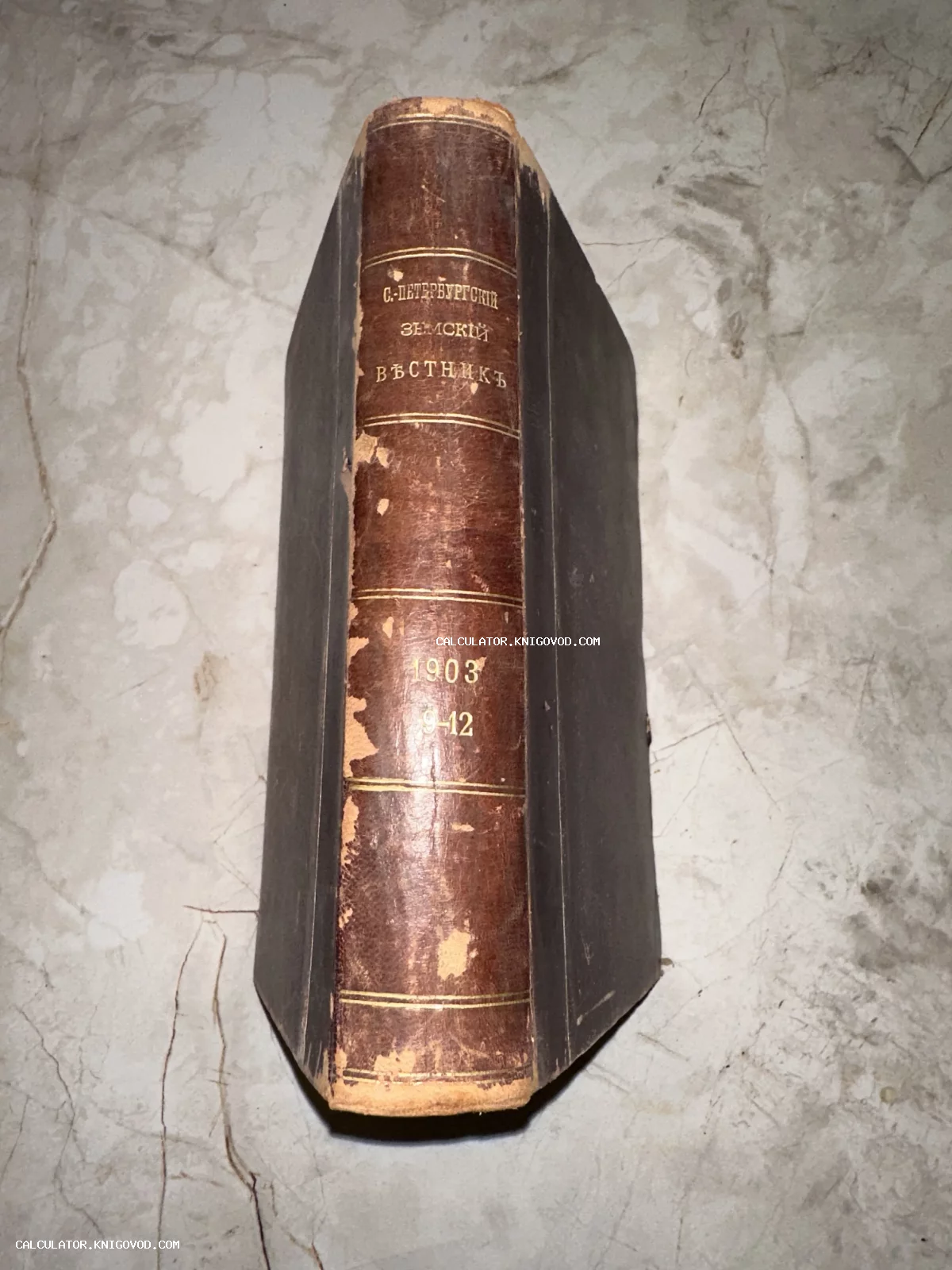 Корешок антикварной книги в старинном кожаном переплете с золотым тиснением С.-Петербургский земский вестник 1903