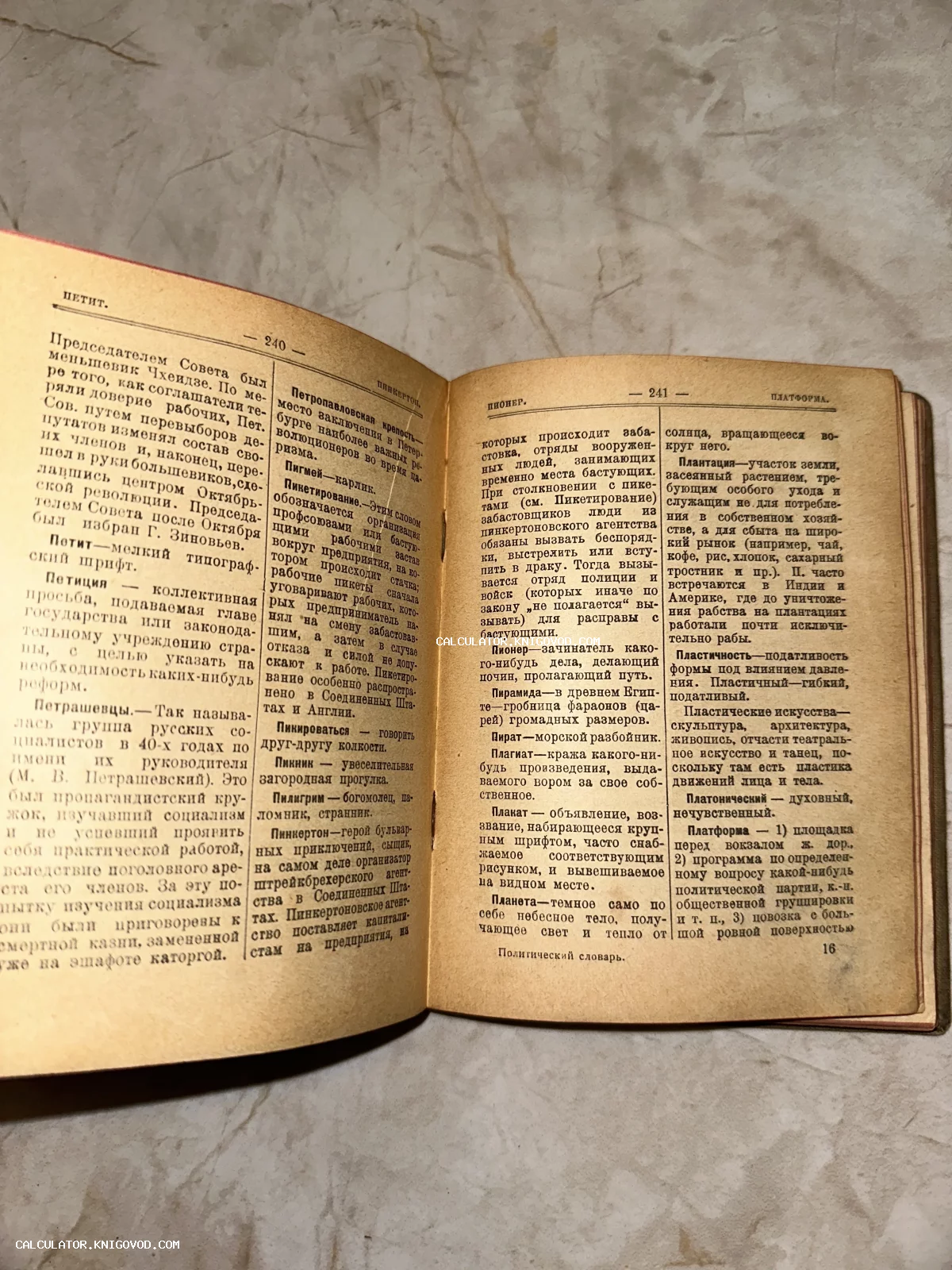 Раскрытая старая книга, страницы 240 и 241 Политического словаря с определениями терминов на русском языке.