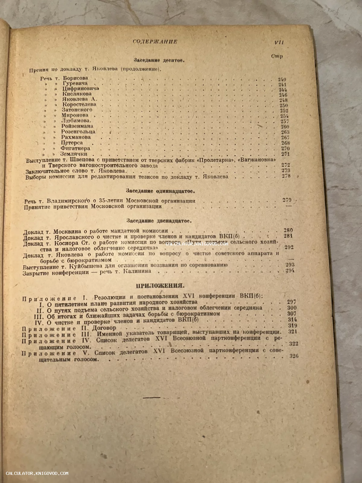 Страница с оглавлением из старой советской книги, содержащая список докладов и выступлений XVI конференции ВКП(б).