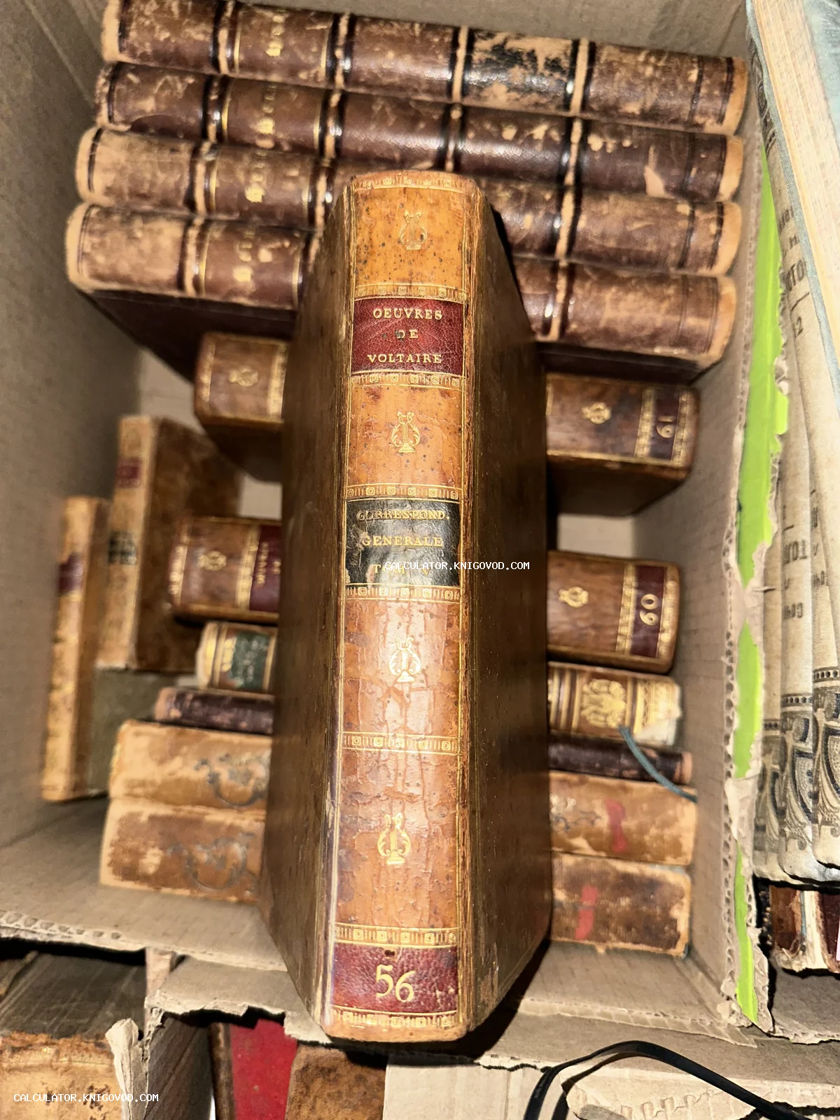 Старинные книги в кожаных переплетах с золотым тиснением в коробке, крупным планом корешок тома Вольтера на французском языке.