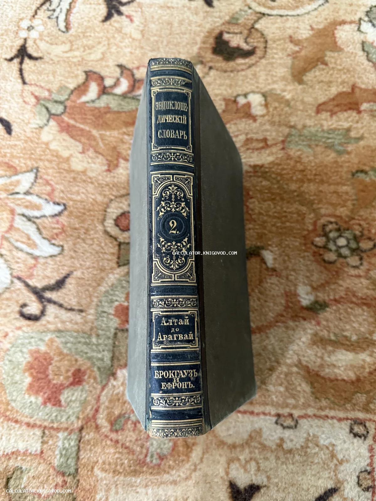 Корешок антикварной книги «Энциклопедический словарь» Брокгауза и Ефрона, том 2 (Алтай — Арагвай) с золотым тиснением на темном фоне.