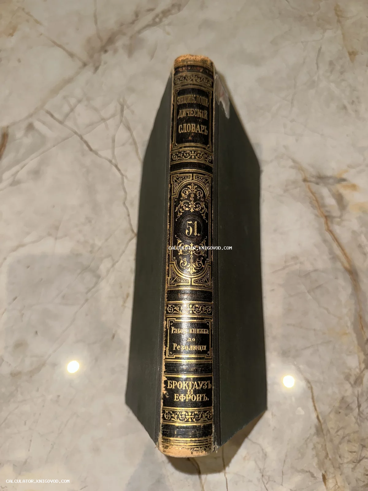 Корешок антикварной книги Энциклопедический словарь Брокгауза и Ефрона с золотым тиснением на мраморе