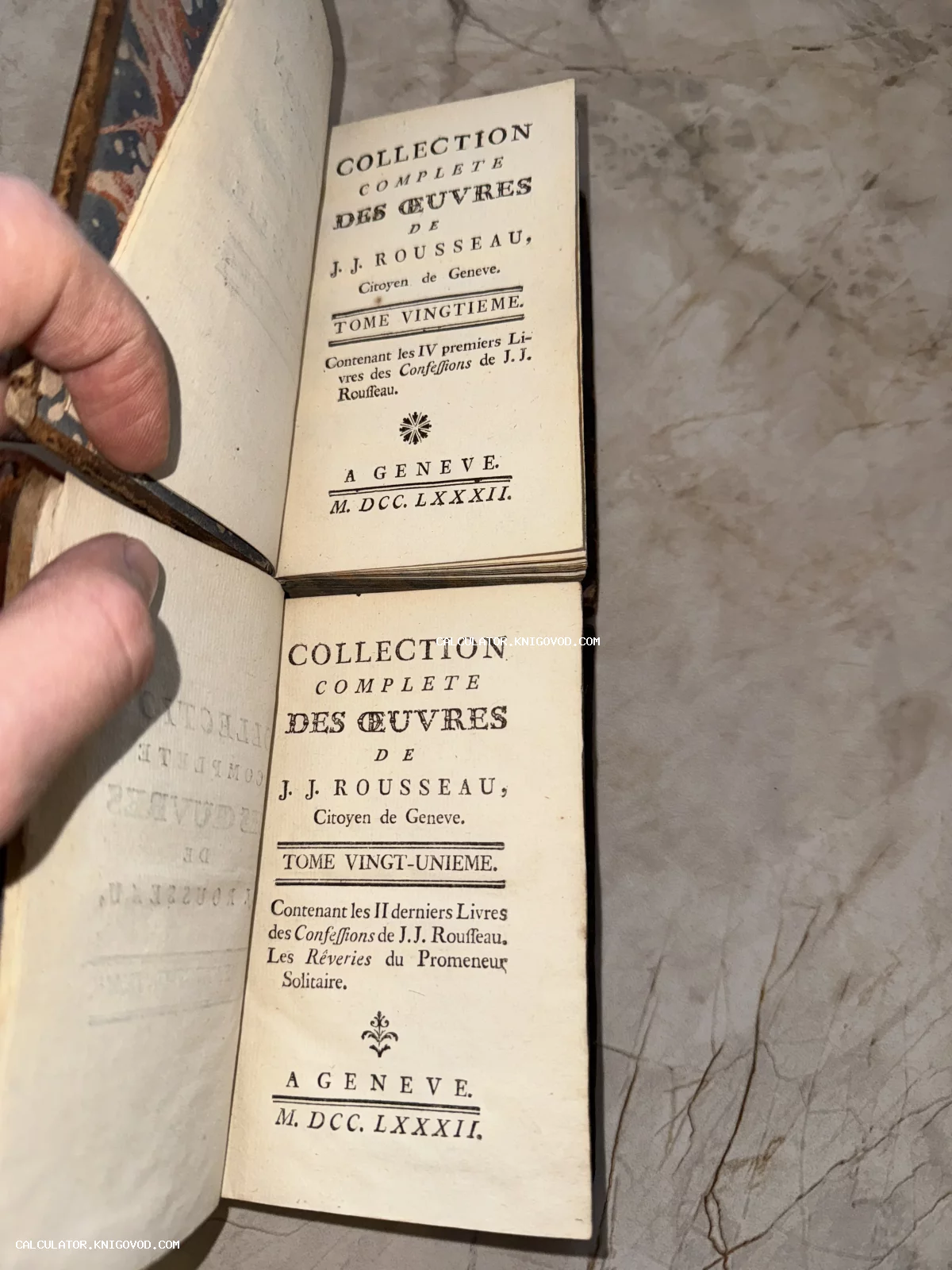 Титульные листы 20 и 21 томов антикварного собрания сочинений Жан-Жака Руссо, изданного в Женеве в 1782 году.