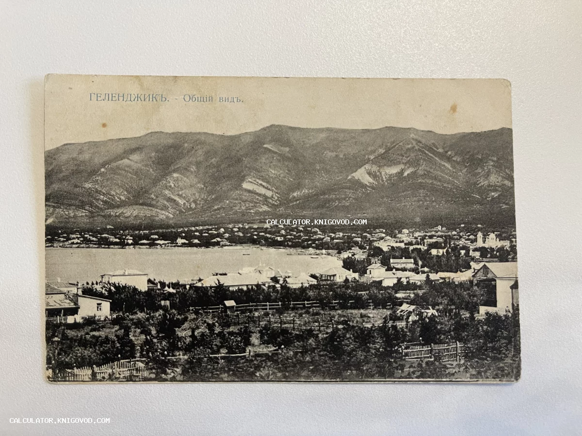 Черно-белая антикварная открытка с панорамным видом на Геленджикскую бухту и горный хребет в начале XX века.