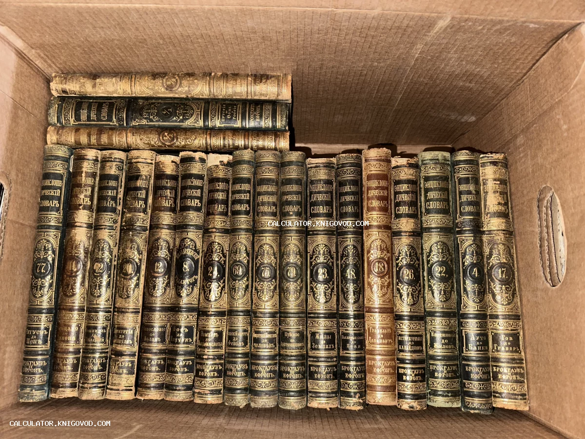 Ряд антикварных книг с золотым тиснением на корешках в картонной коробке, энциклопедический словарь Брокгауза и Ефрона.