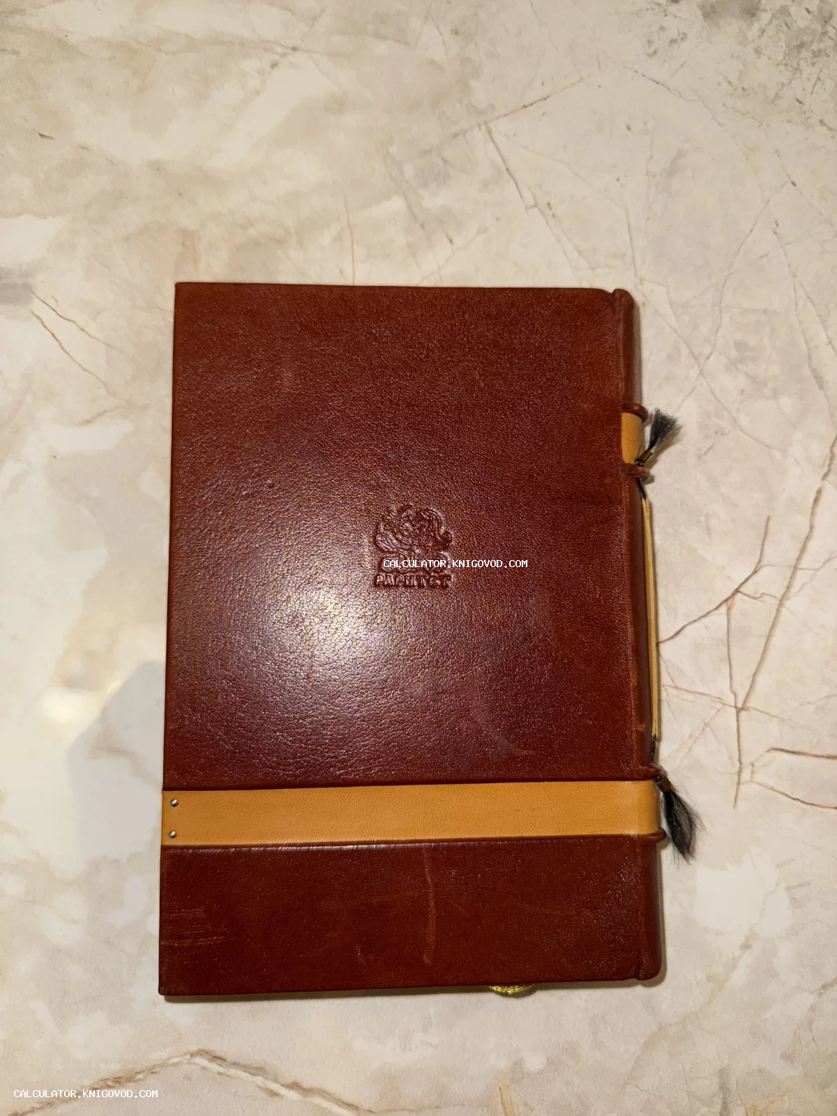 Коричневая обложка книги из натуральной кожи с тиснением логотипа Раритет и декоративными элементами.