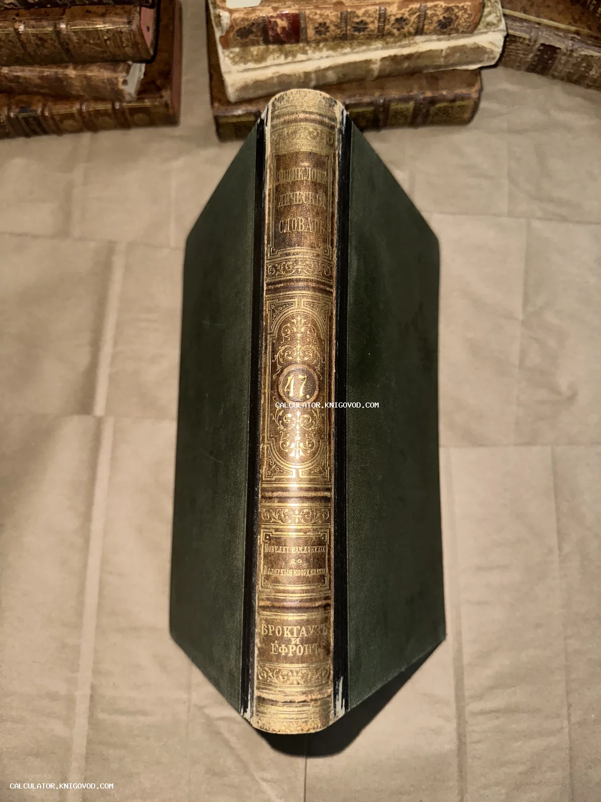 Корешок антикварной книги с золотым тиснением, номер тома 47, издательство Брокгауз и Ефрон.