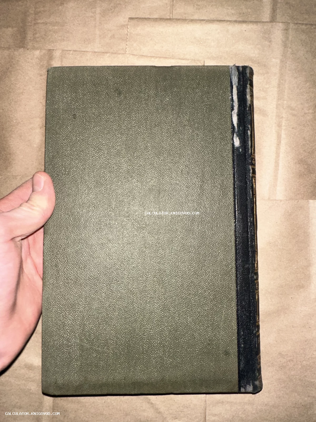 Вид на заднюю крышку и потертый корешок антикварной книги в зеленом тканевом переплете.