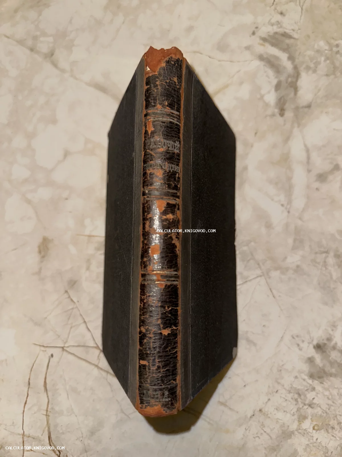 Корешок антикварной книги «Изборник Святослава» с золотым тиснением и следами времени на мраморной поверхности
