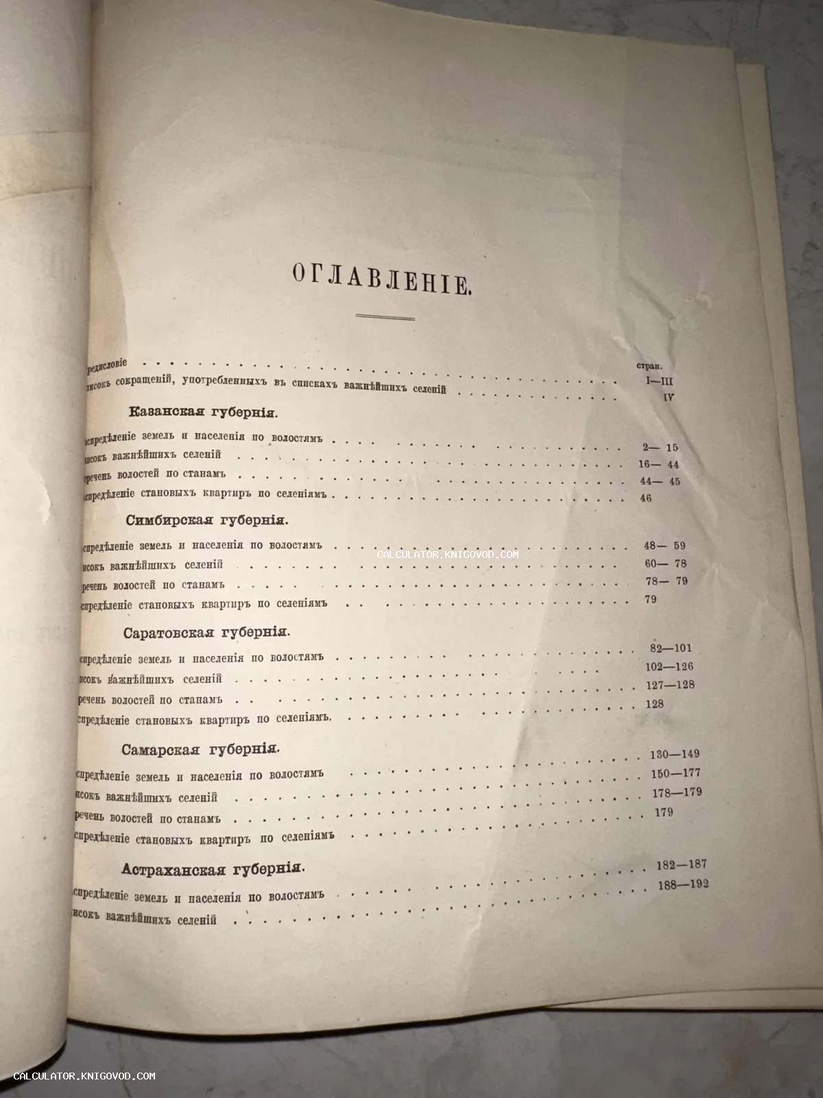 Фотография страницы оглавления антикварной книги со списком губерний: Казанская, Симбирская, Саратовская, Самарская и Астраханская.