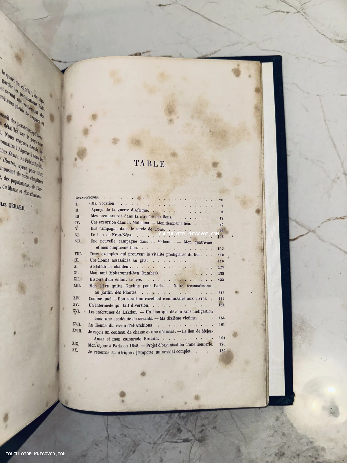 Разворот старинной книги на французском языке, страница с оглавлением (TABLE) и характерными пятнами фоксинга.