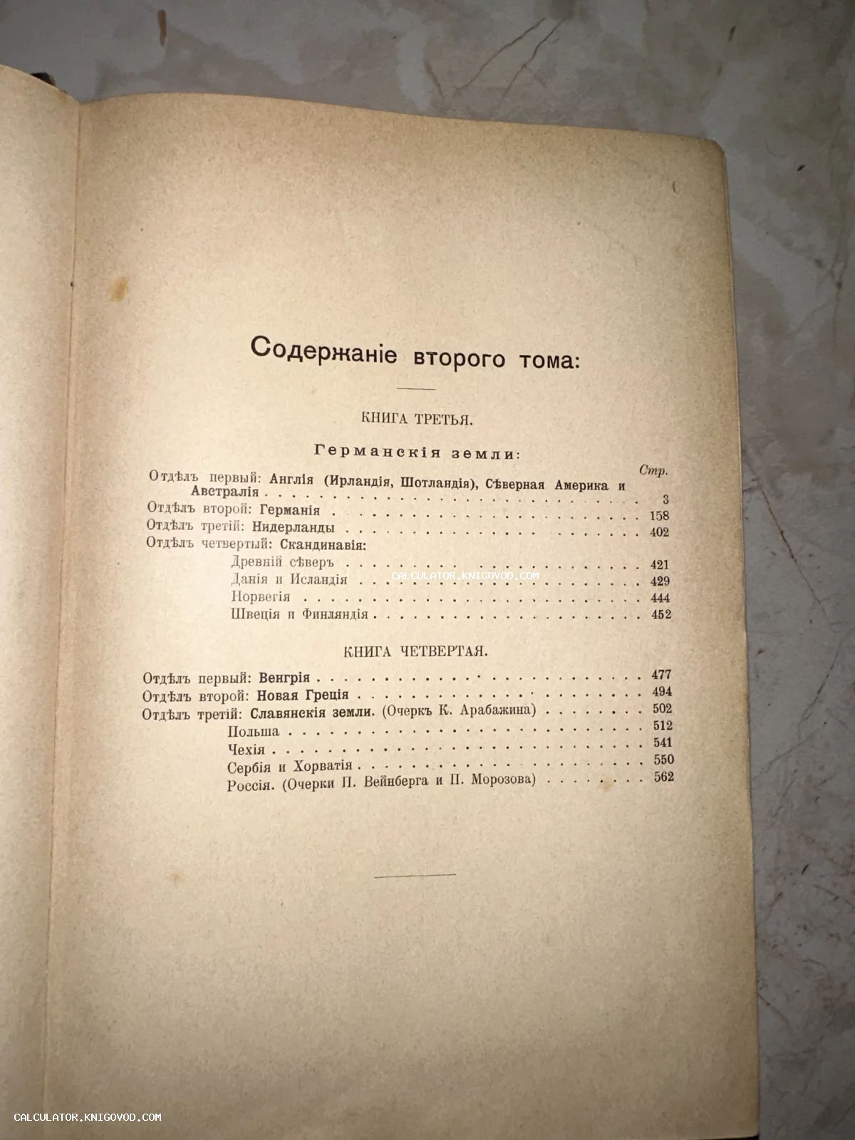 Страница с содержанием второго тома старинной книги на русском языке с дореволюционной орфографией, перечисляющая страны Европы и Америки.