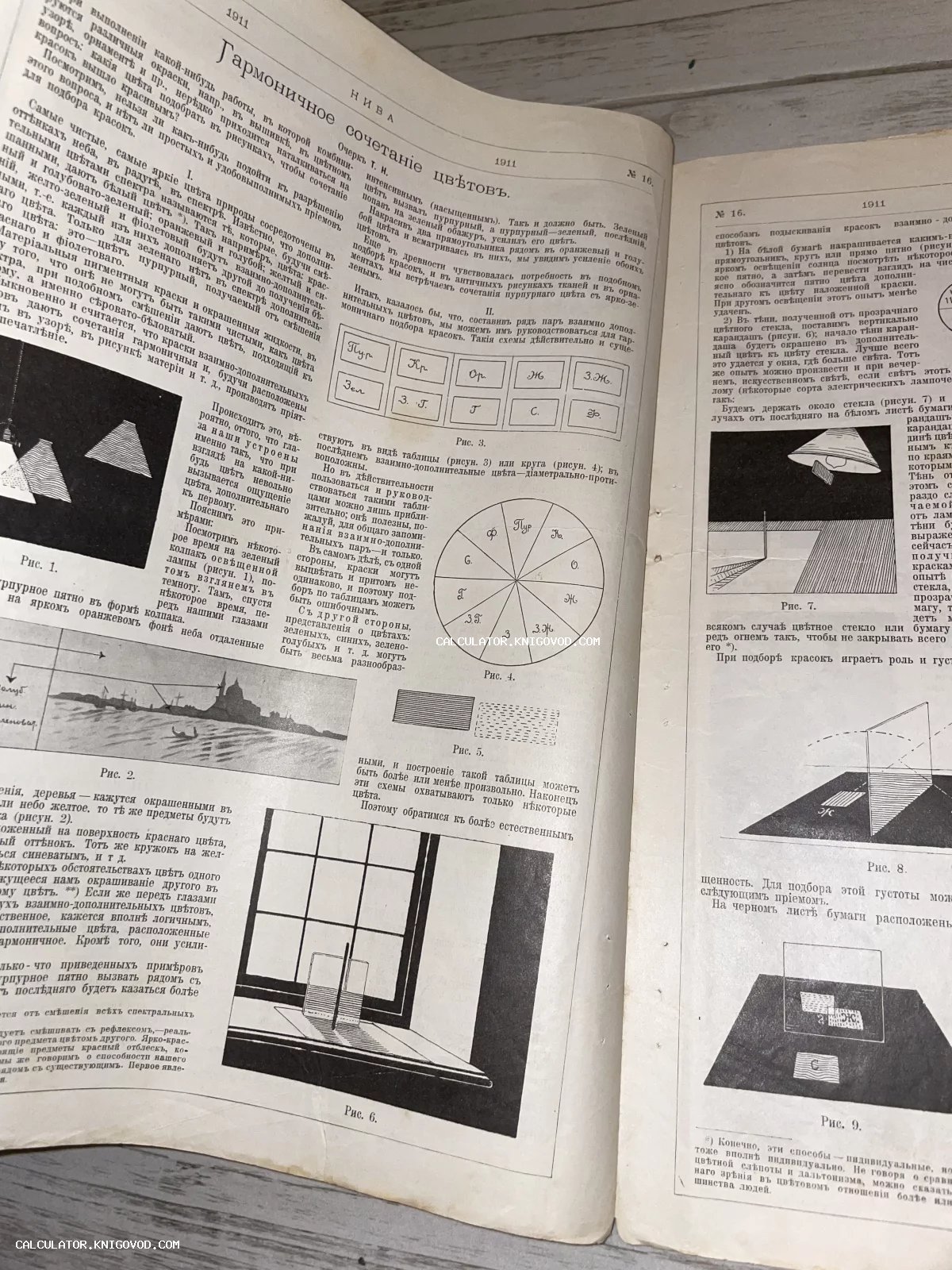 Разворот антикварного журнала с текстом на дореволюционном русском языке и схемами цветового круга.