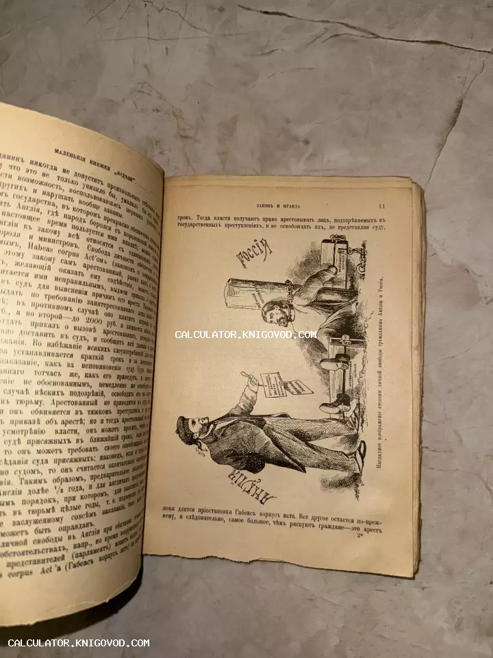 Страница антикварной книги с карикатурой, сравнивающей гражданские свободы в Англии и России начала XX века.