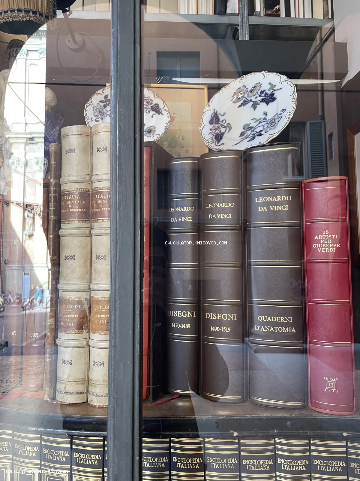 Старинные книги в кожаных переплетах с золотым тиснением на витрине антикварного магазина, включая многотомники Леонардо да Винчи и Итальянскую энциклопедию.