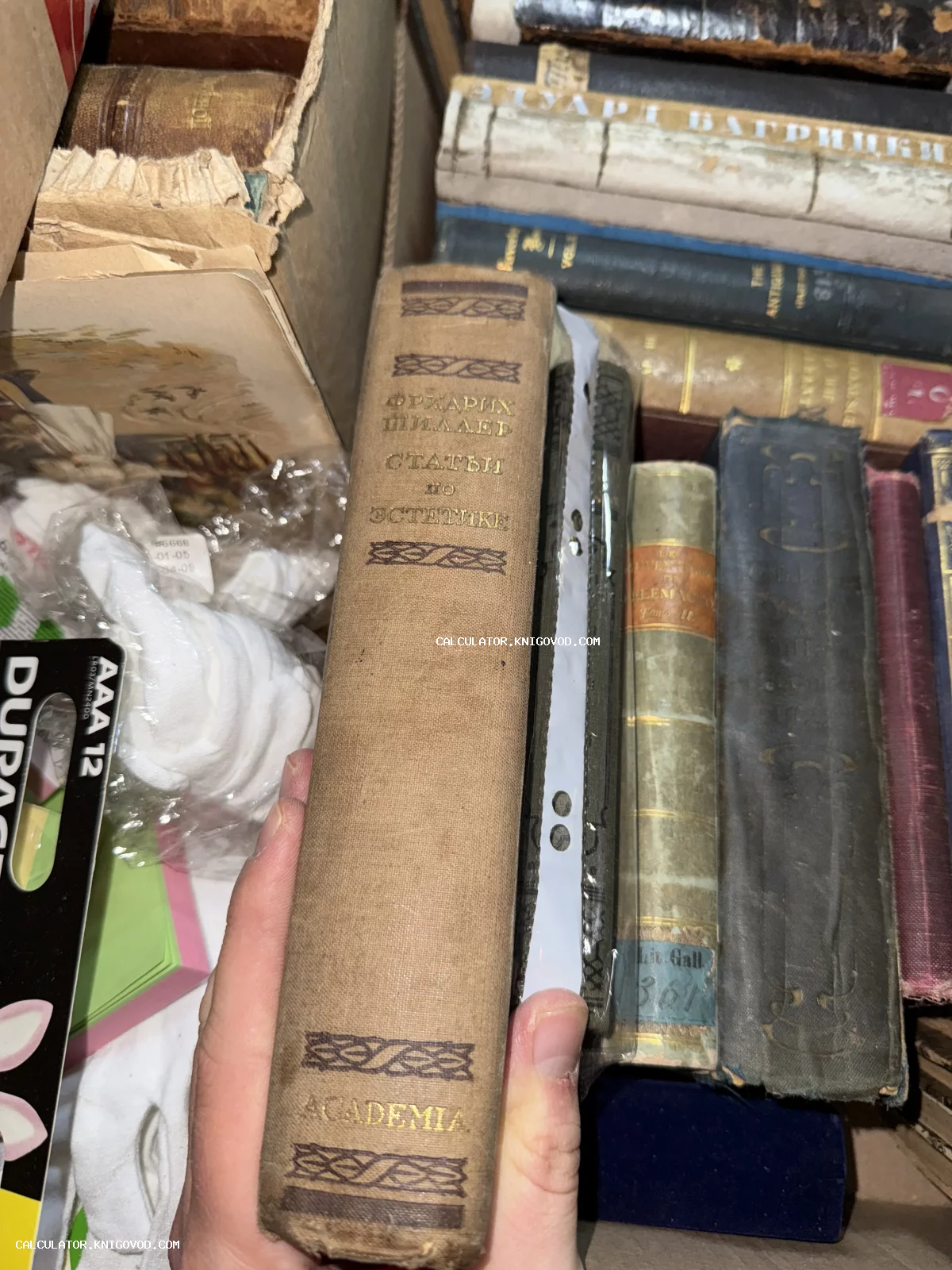 Корешок антикварной книги Фридриха Шиллера «Статьи по эстетике» издательства Academia в окружении других старых томов.