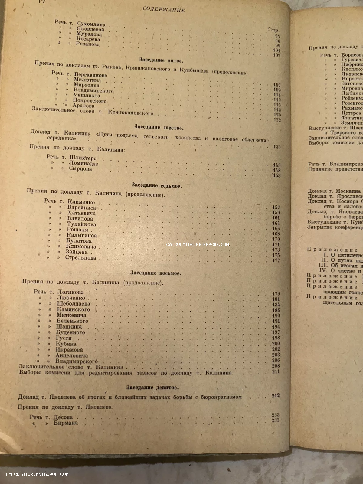 Фотография разворота старинной книги с оглавлением, перечисляющим доклады и выступления советских деятелей на заседаниях.
