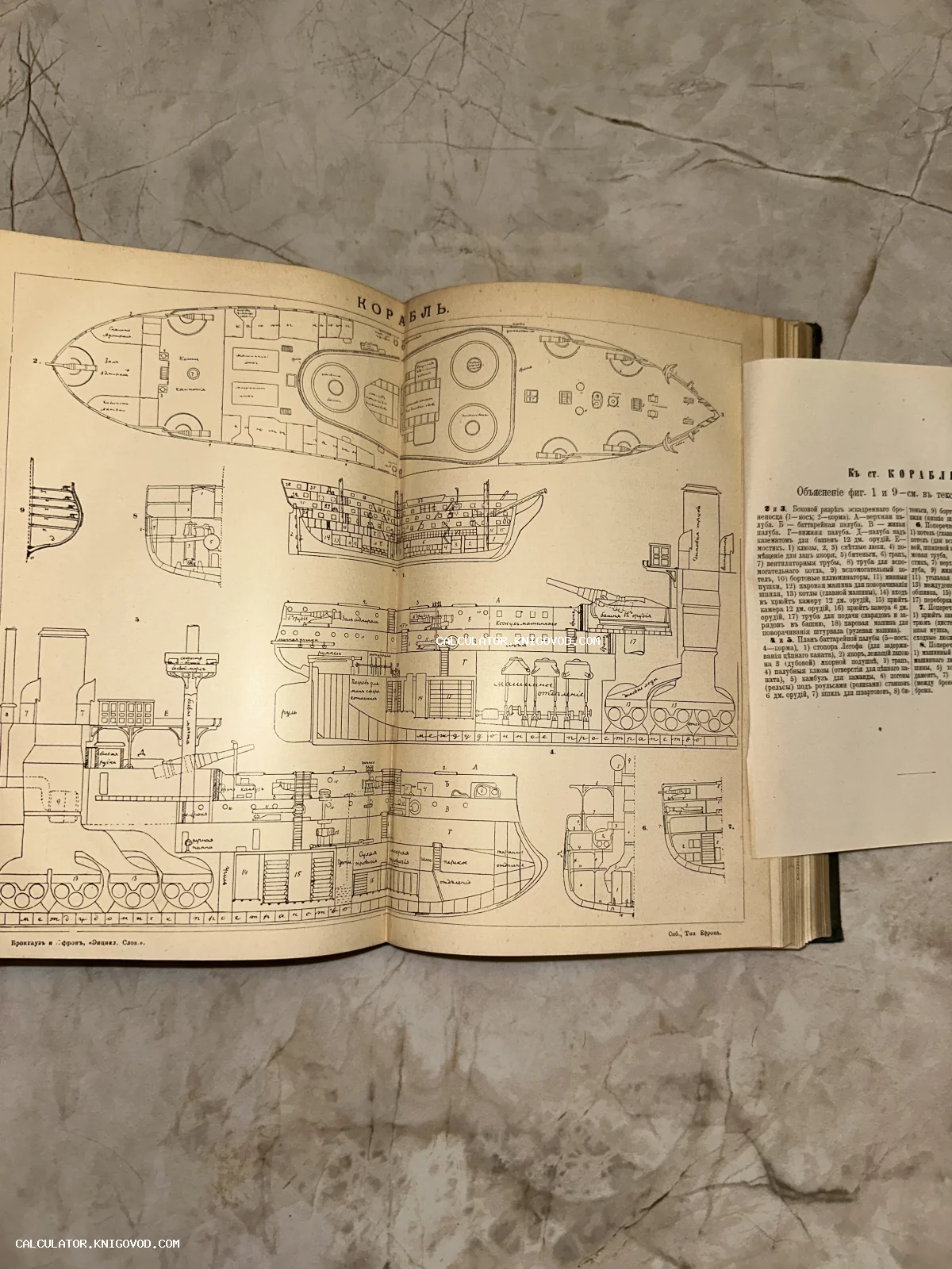 Разворот старинной книги с подробными техническими схемами, разрезами и планами палуб военного корабля на русском языке.