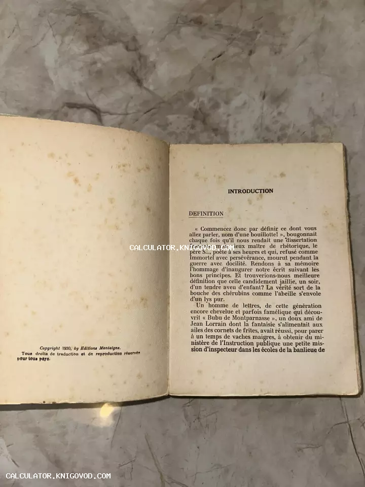 Разворот старинной книги на французском языке 1930 года издания с характерными следами времени на бумаге.