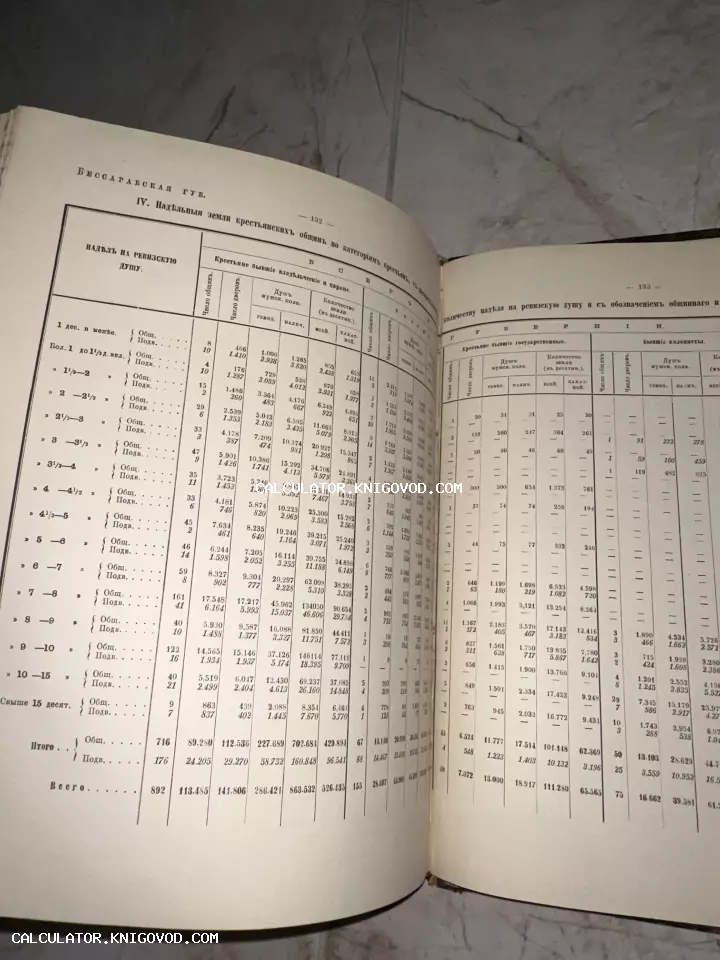 Разворот антикварной книги со статистическими таблицами на дореволюционном русском языке о земельных наделах в Бессарабской губернии.