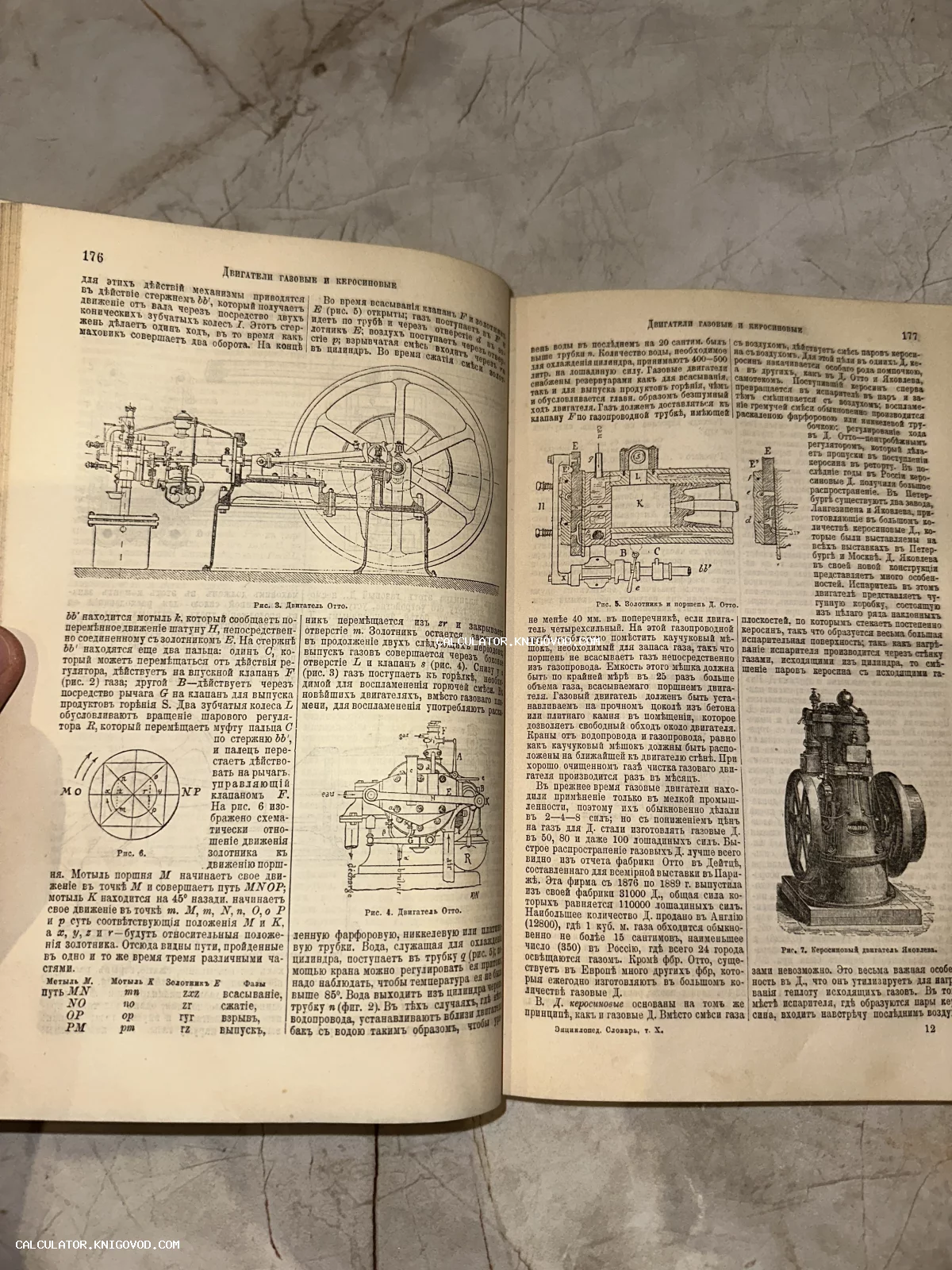 Разворот старинной книги с техническими чертежами газовых и керосиновых двигателей, дореволюционная орфография.
