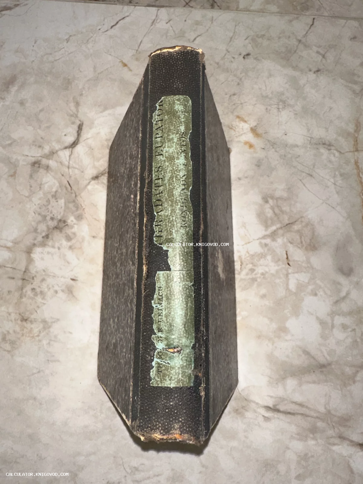 Корешок старинной книги в темном тканевом переплете с потертой зеленой этикеткой и надписью Mithradates Eupator.