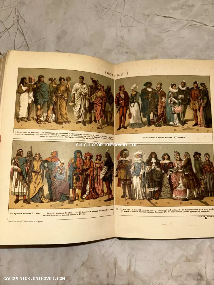 Разворот антикварной книги с цветными литографиями исторических костюмов разных эпох и народов.