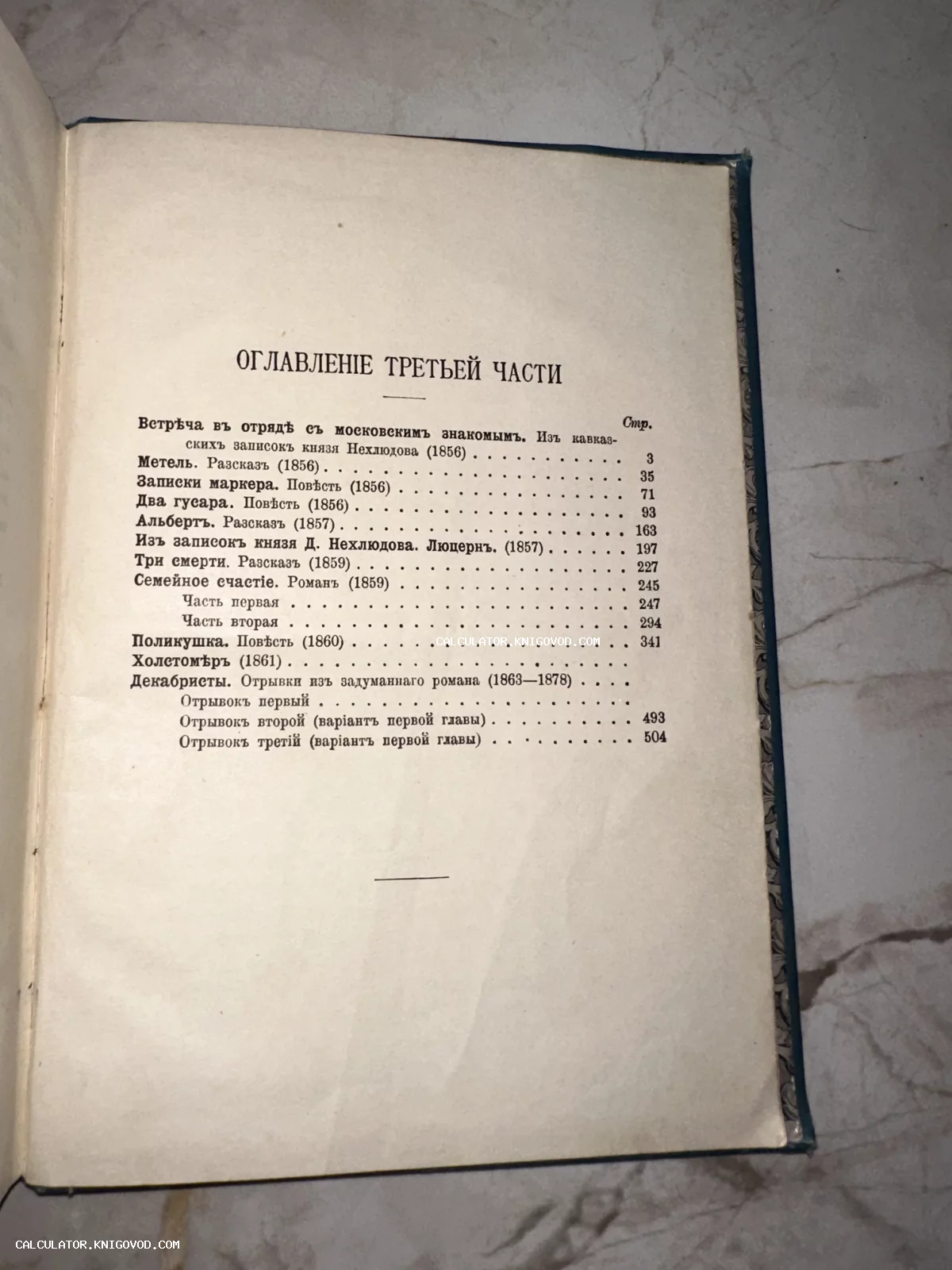Фотография страницы старинной книги с оглавлением произведений Льва Толстого, напечатанным в дореволюционной орфографии.
