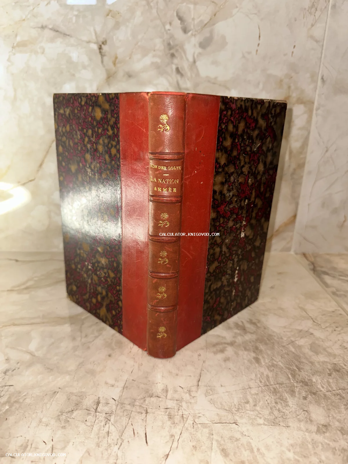 Старинная книга с красным кожаным корешком, золотым тиснением и мраморной обложкой на светлом фоне.