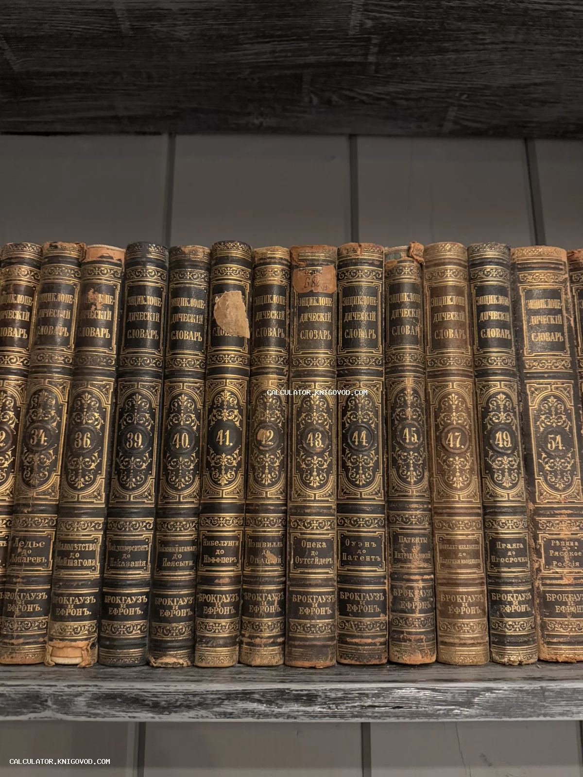 Ряд старинных томов словаря Брокгауза и Ефрона с золотым тиснением на темных корешках, стоящих на полке.