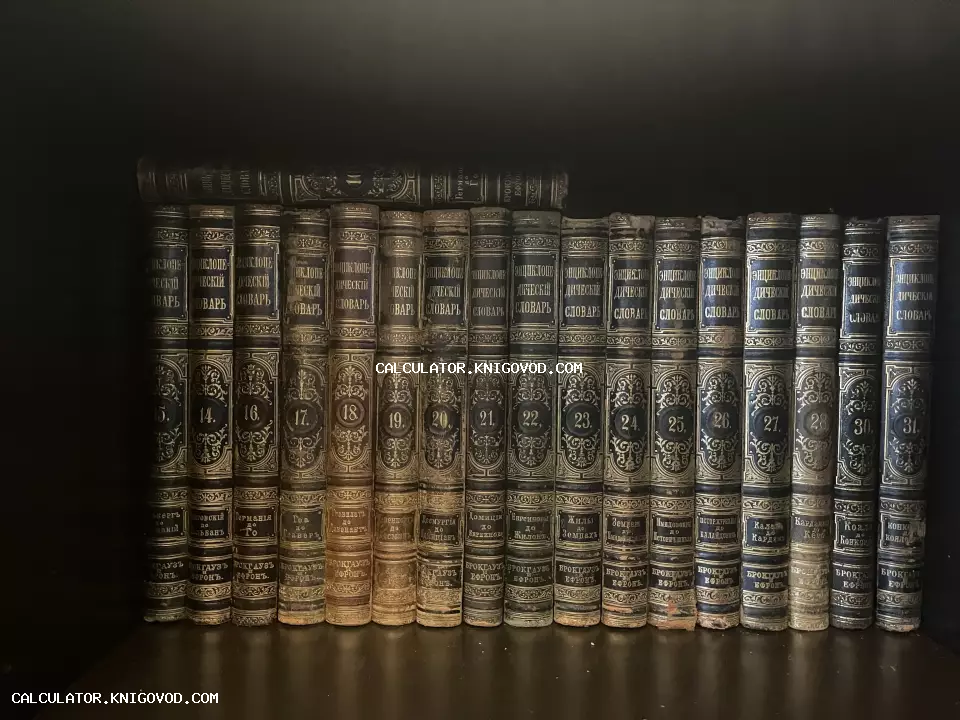 Ряд корешков антикварных книг Энциклопедического словаря Брокгауза и Ефрона с золотым тиснением на темной полке.