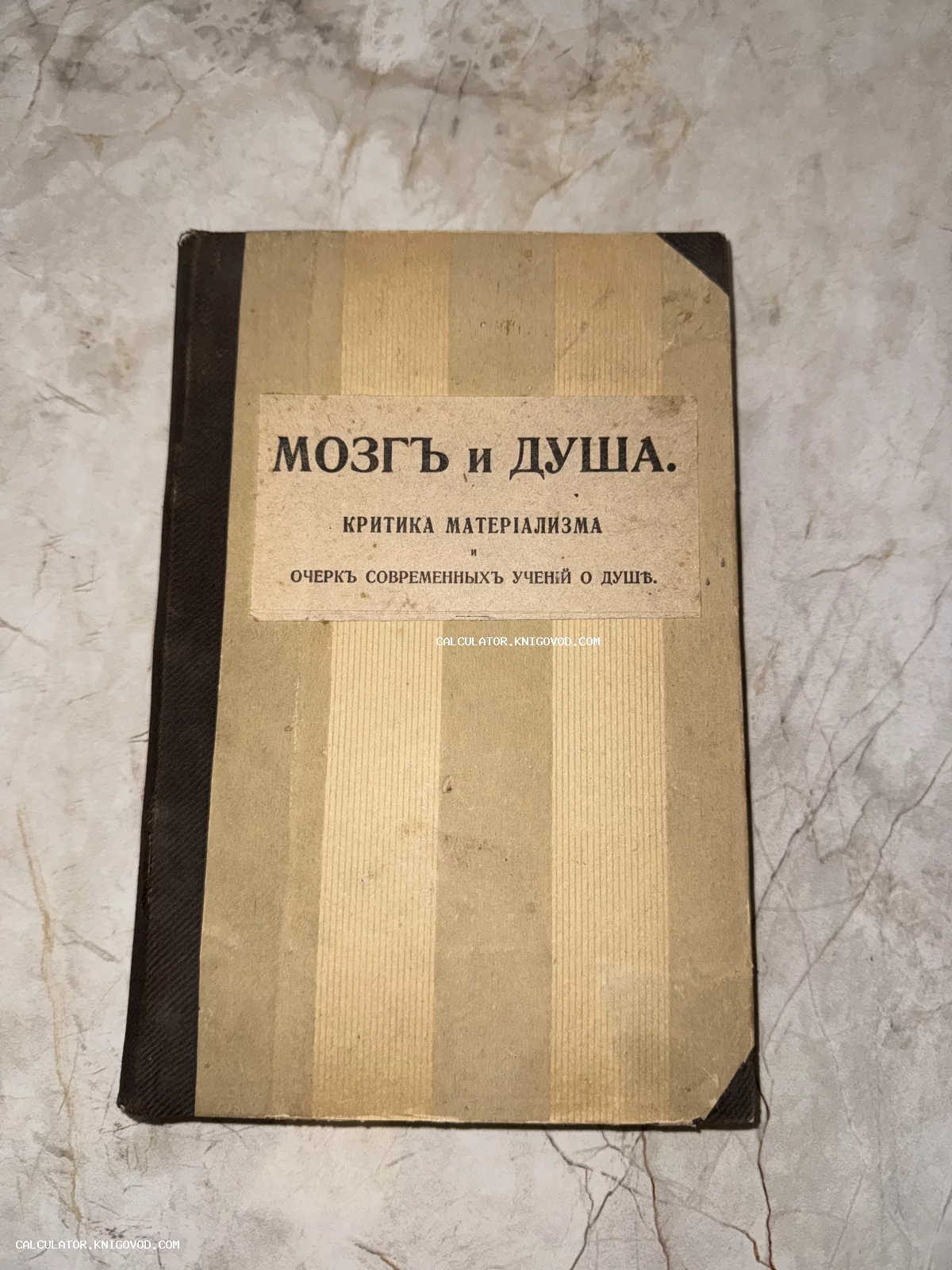 Старинная книга с названием «Мозгъ и Душа. Критика матеріализма и очеркъ современныхъ ученій о душѣ» на полосатой обложке.